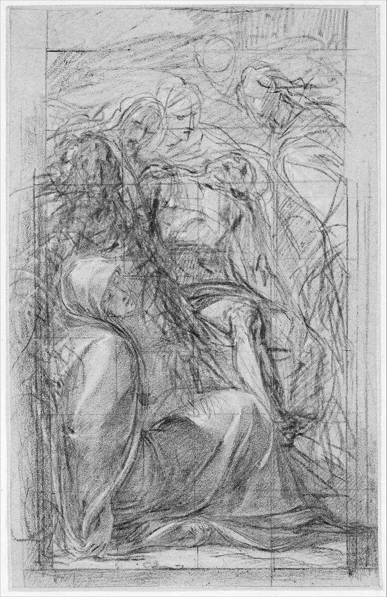 Study for the Pietà, Giulio Cesare Procaccini (Italian, Bologna 1574–1625 Milan), Charcoal, highlighted with white gouache, squared in charcoal, on blue paper