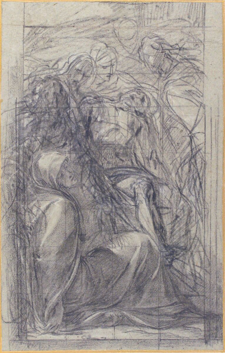 Study for the Pietà, Giulio Cesare Procaccini (Italian, Bologna 1574–1625 Milan), Charcoal, highlighted with white gouache, squared in charcoal, on blue paper