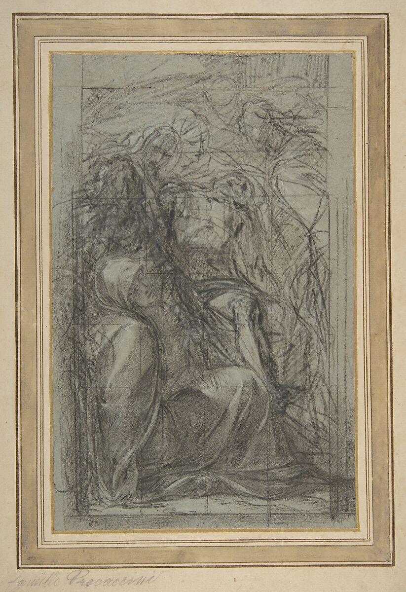 Study for the Pietà, Giulio Cesare Procaccini (Italian, Bologna 1574–1625 Milan), Charcoal, highlighted with white gouache, squared in charcoal, on blue paper 