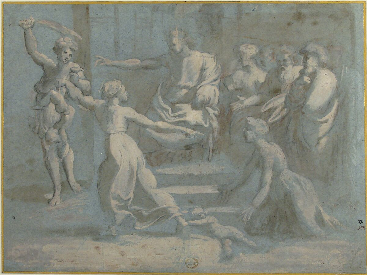 The Judgment of Solomon, after Raphael, Attributed to Biagio Pupini (Italian, born Bologna, active 1511–51), Charcoal, brush and gray wash, highlighted with white, on blue paper