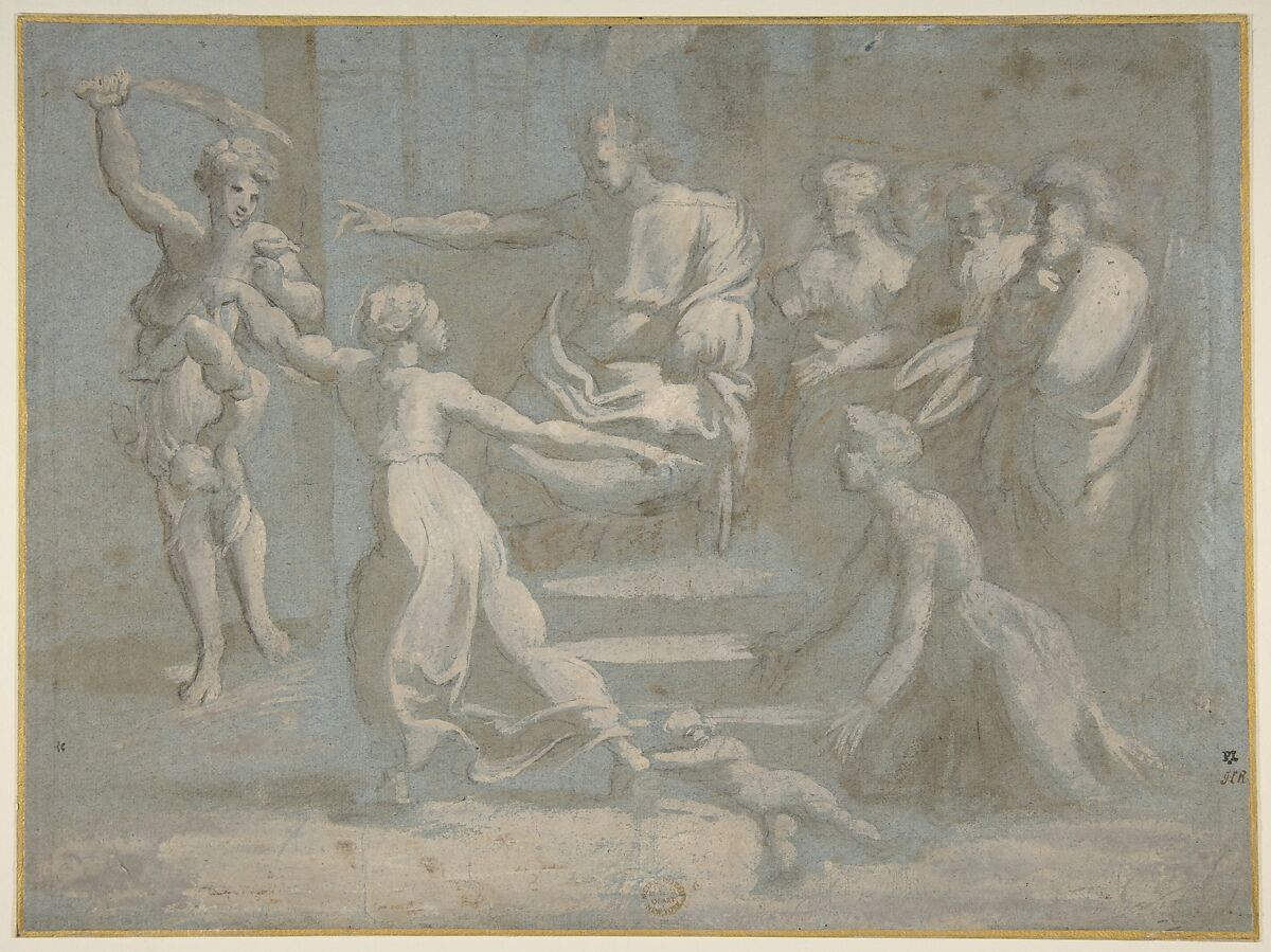 The Judgment of Solomon, after Raphael, Attributed to Biagio Pupini (Italian, born Bologna, active 1511–51), Charcoal, brush and gray wash, highlighted with white, on blue paper 