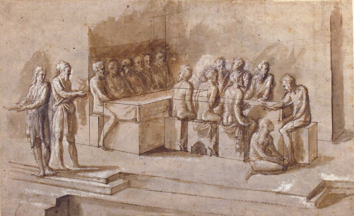 Penitent Woman Anointing the Feet of Christ at the Table of Simon the Pharisee (Luke 7:36-50), Biagio Pupini (Italian, born Bologna, active 1511–51), Pen and brown ink, brush and brown wash, highlighted with white, with ruled lines on beige paper (recto); rubbed with charcoal (for transfer?) and further ruled lines (verso)