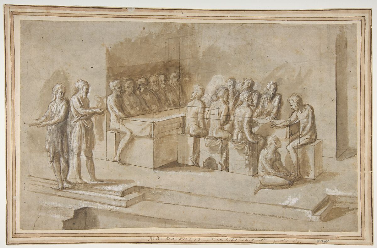 Penitent Woman Anointing the Feet of Christ at the Table of Simon the Pharisee (Luke 7:36-50), Biagio Pupini (Italian, born Bologna, active 1511–51), Pen and brown ink, brush and brown wash, highlighted with white, with ruled lines on beige paper (recto); rubbed with charcoal (for transfer?) and further ruled lines (verso) 