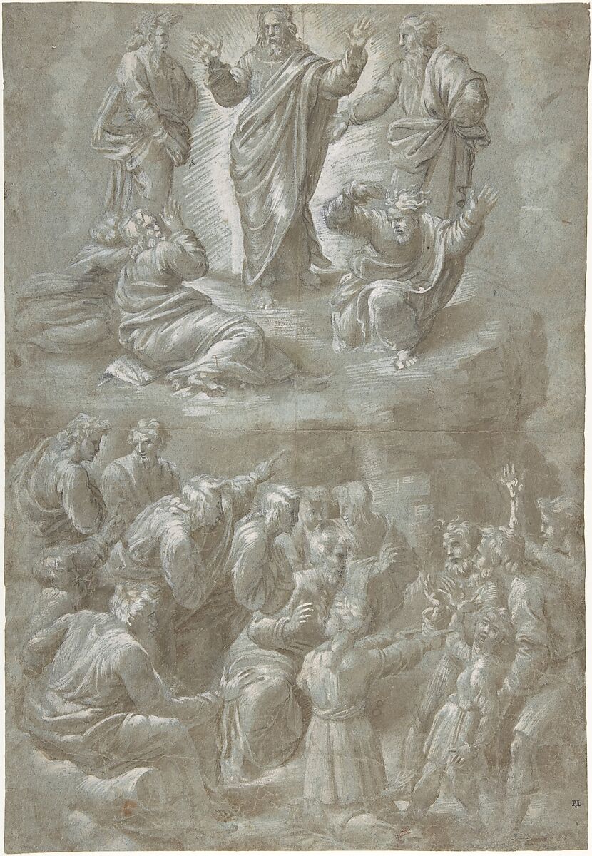 The Transfiguration, after Raphael, Biagio Pupini (Italian, born Bologna, active 1511–51), Brush and brown wash, highlighted with white gouache, over traces of charcoal, on blue paper 