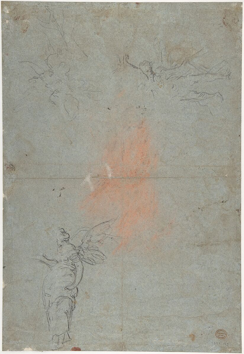 The Transfiguration, after Raphael, Biagio Pupini (Italian, born Bologna, active 1511–51), Brush and brown wash, highlighted with white gouache, over traces of charcoal, on blue paper