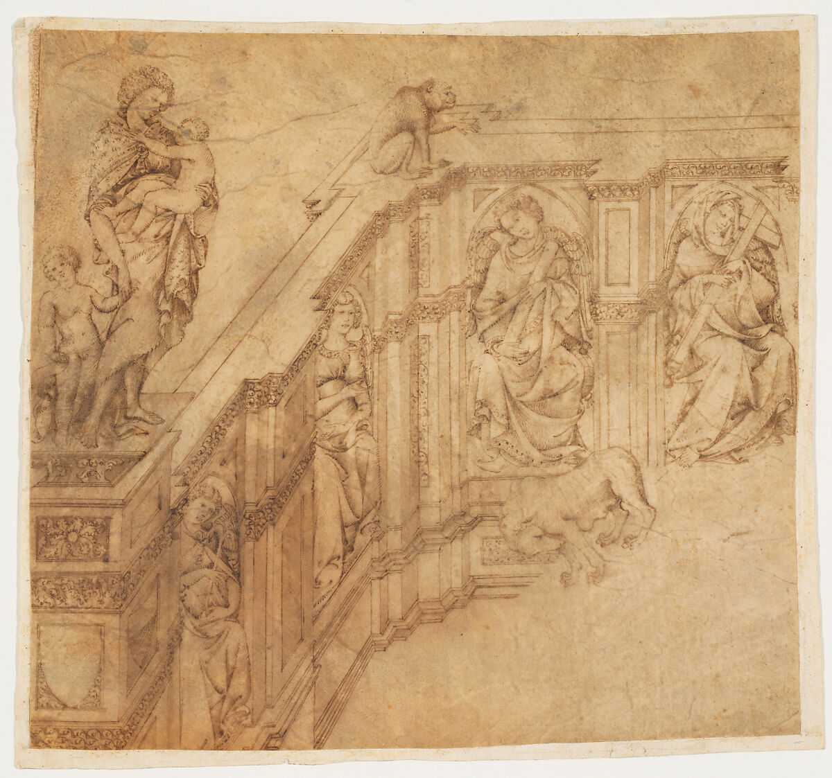 Design Fragment for the Left Side of the 'Fonte Gaia' in Siena, Jacopo della Quercia (Jacopo di Pietro d’Angelo di Guarnieri)  Italian, Pen and medium brown ink, brush and brown wash, over traces of leadpoint and ruling, on vellum, glued onto secondary paper support