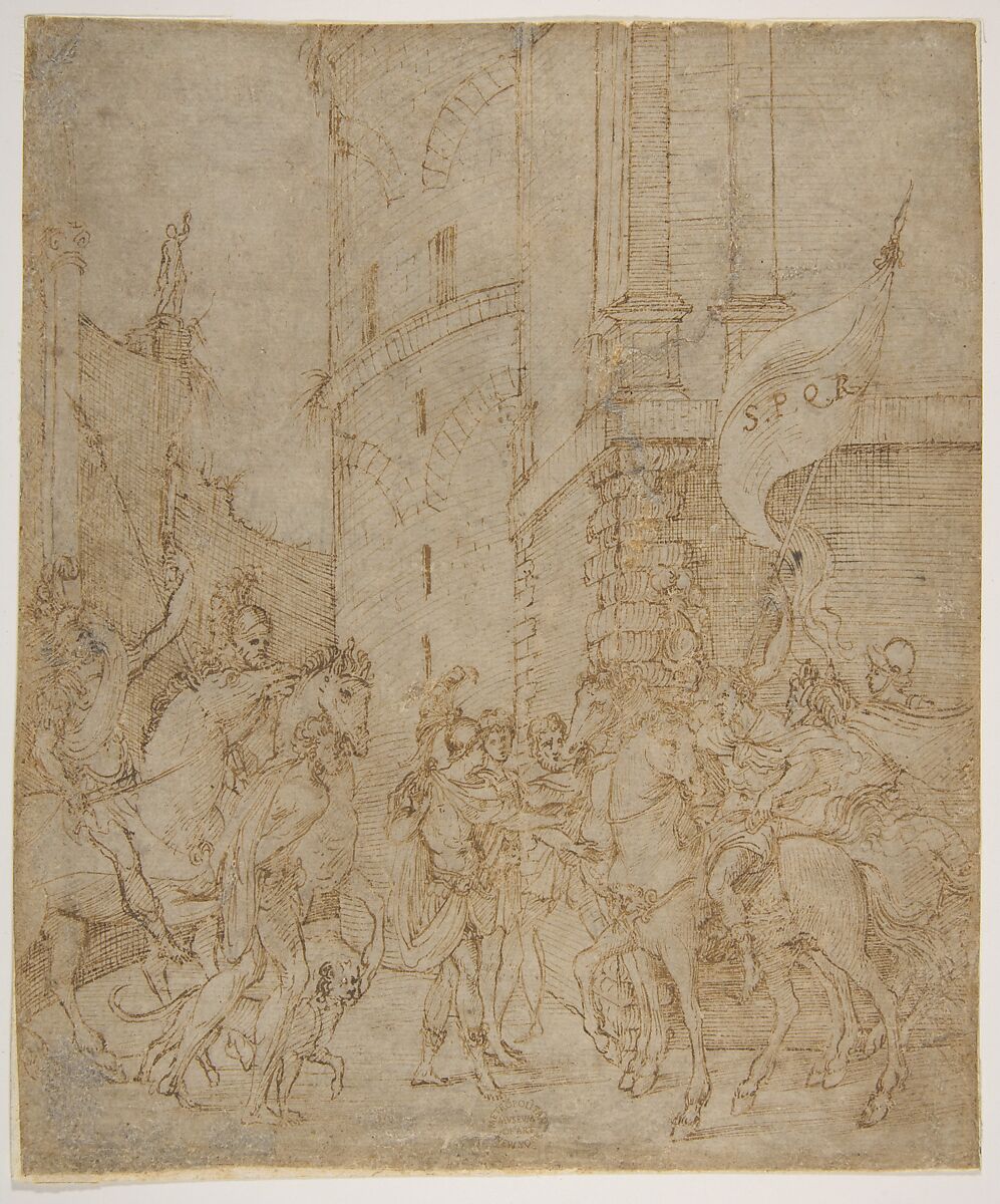 Emperor greeted by a warrior, School of Marcantonio Raimondi (Italian, Argini (?) ca. 1480–before 1534 Bologna (?)), Pen and brown ink on paper washed light-brown 