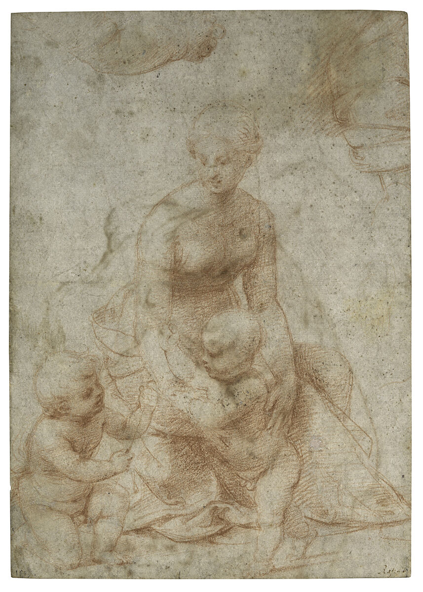 Madonna and Child with the Infant Saint John the Baptist; upper left, Study for the Right Arm of the Infant Saint John; upper right, Study for Drapery (recto); Study of a Nude Male Figure (verso), Raphael (Raffaello Sanzio or Santi)  Italian, Red chalk (recto); pen and brown ink (verso)