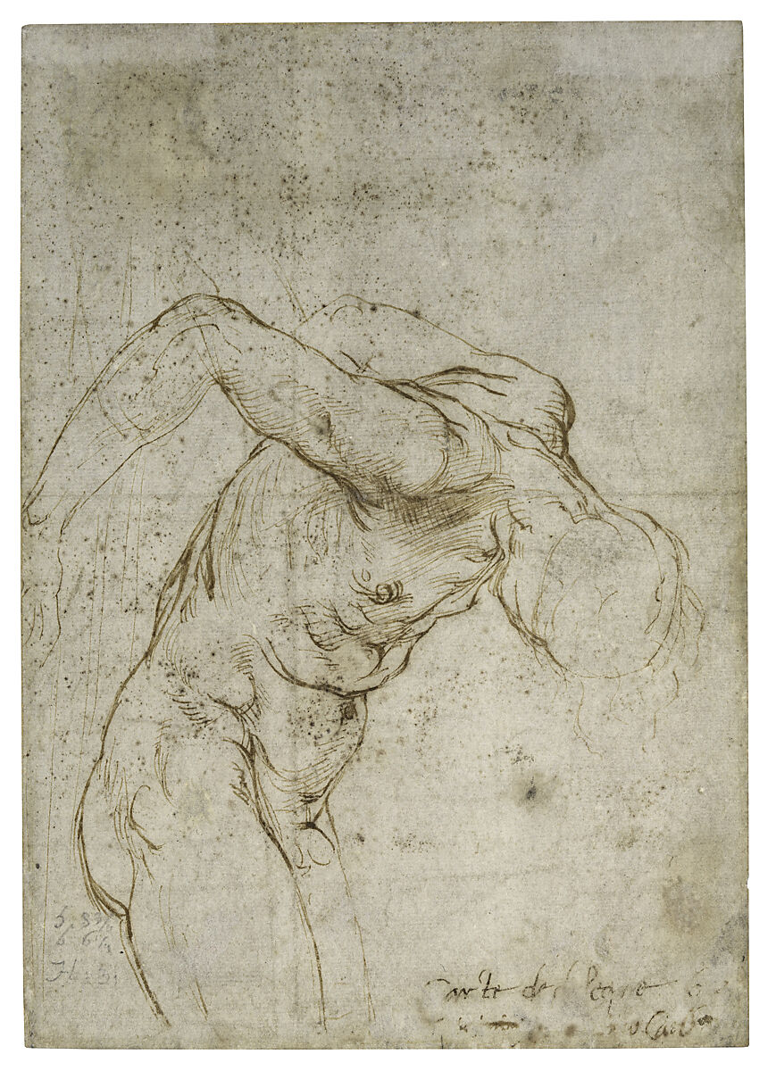 Madonna and Child with the Infant Saint John the Baptist; upper left, Study for the Right Arm of the Infant Saint John; upper right, Study for Drapery (recto); Study of a Nude Male Figure (verso), Raphael (Raffaello Sanzio or Santi) (Italian, Urbino 1483–1520 Rome), Red chalk (recto); pen and brown ink (verso)