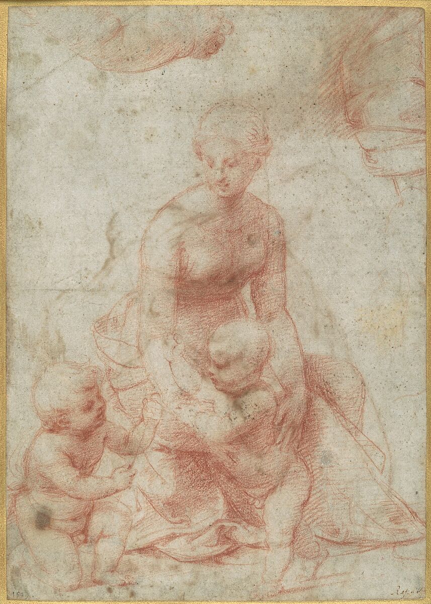 Madonna and Child with the Infant Saint John the Baptist; upper left, Study for the Right Arm of the Infant Saint John; upper right, Study for Drapery (recto); Study of a Nude Male Figure (verso), Raphael (Raffaello Sanzio or Santi)  Italian, Red chalk (recto); pen and brown ink (verso)