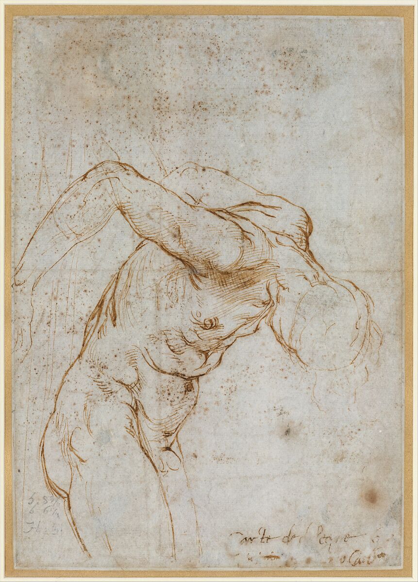 Madonna and Child with the Infant Saint John the Baptist; upper left, Study for the Right Arm of the Infant Saint John; upper right, Study for Drapery (recto); Study of a Nude Male Figure (verso), Raphael (Raffaello Sanzio or Santi) (Italian, Urbino 1483–1520 Rome), Red chalk (recto); pen and brown ink (verso)