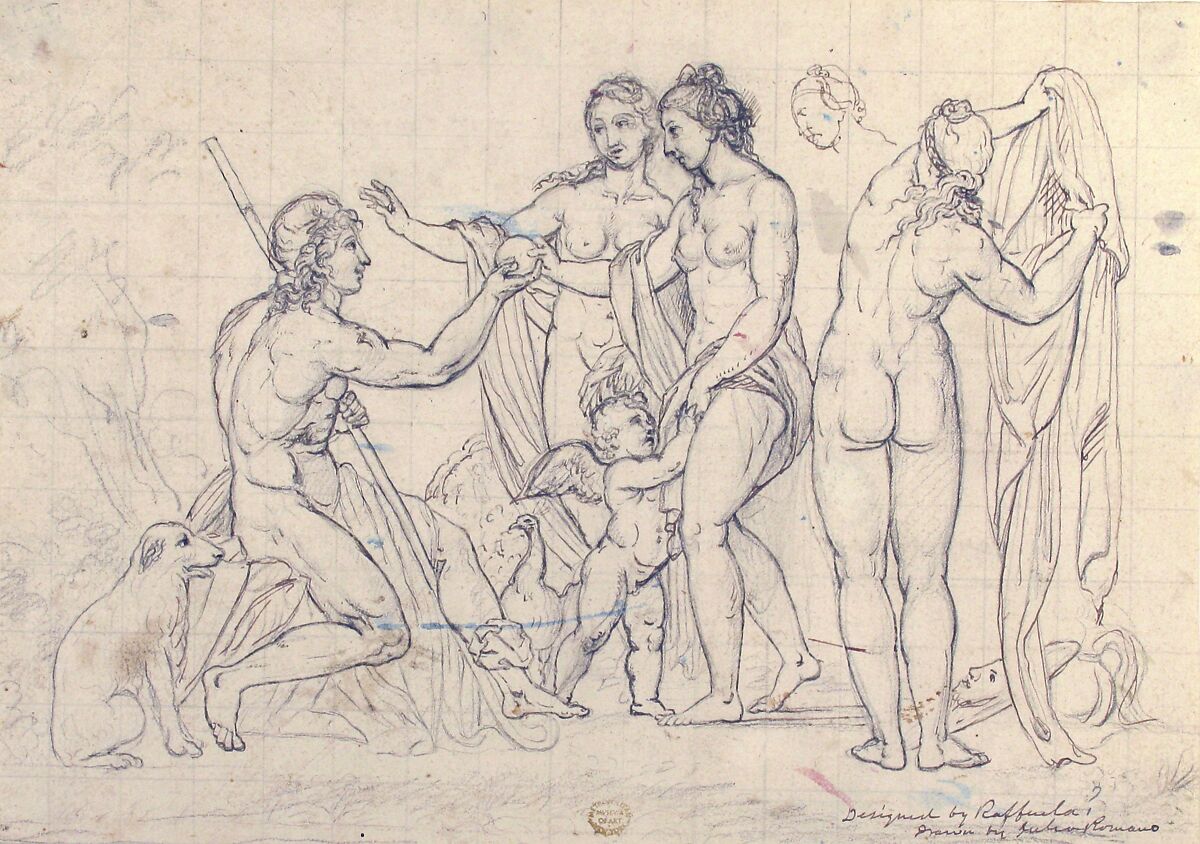 Judgment of Paris, after Raphael, After Raphael (Raffaello Sanzio or Santi) (Italian, Urbino 1483–1520 Rome), Pen and dark brown ink, over black chalk; squared in black chalk on top of the composition.