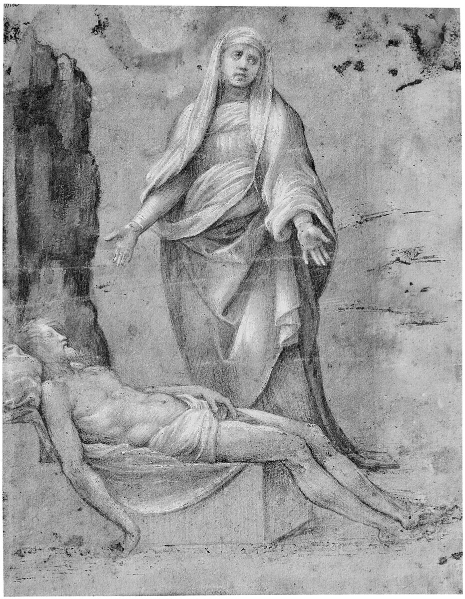 Pietà (recto); Madonna and two cherubs (verso), After Raphael (Raffaello Sanzio or Santi) (Italian, Urbino 1483–1520 Rome), Brush and brown ink highlighted with white