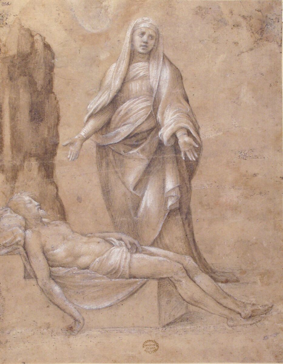 Pietà (recto); Madonna and two cherubs (verso), After Raphael (Raffaello Sanzio or Santi) (Italian, Urbino 1483–1520 Rome), Brush and brown ink highlighted with white