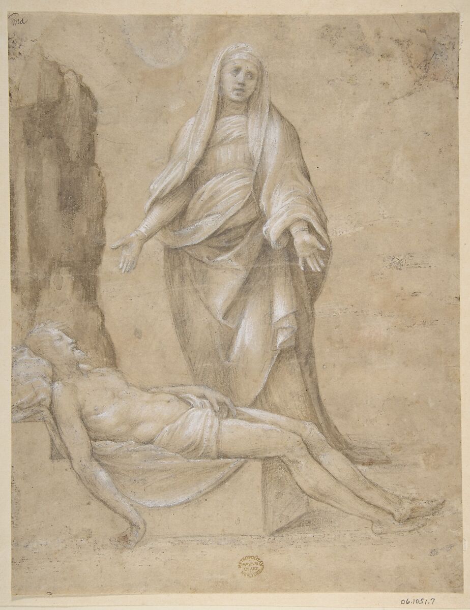 Pieta (recto); Madonna and two Cherubs in pen and brown ink; copy of a drawing in the Louvre which is attributed to Raphael (verso), After Raphael (Raffaello Sanzio or Santi) (Italian, Urbino 1483–1520 Rome), Brush and brown ink highlighted with white 