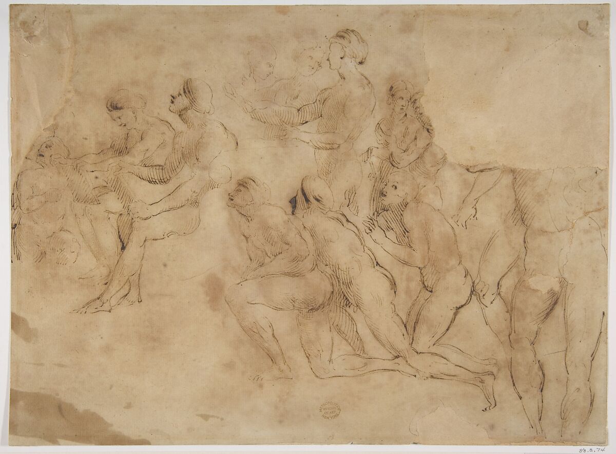 Figure studies (after Raphael's Disputa), After Raphael (Raffaello Sanzio or Santi) (Italian, Urbino 1483–1520 Rome), Pen and brown ink 