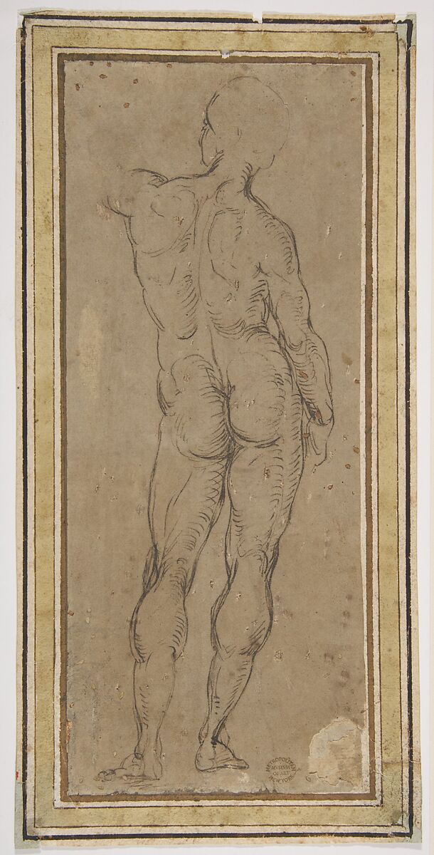 Male Figure Seen from Rear, after a drawing by Michelangelo, After Raphael (Raffaello Sanzio or Santi) (Italian, Urbino 1483–1520 Rome), Pen and brown ink on brown paper 