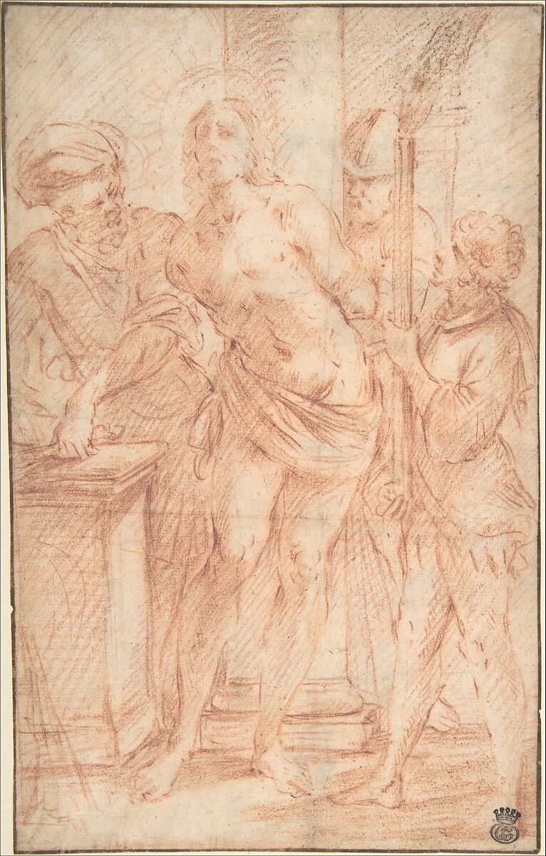 The Mocking of Christ (recto); Exterior View of a Church (verso), Anonymous, Italian, Roman-Bolognese, 17th century, Red chalk, on cream laid paper (recto); black chalk, 3 short strokes in red chalk near bottom edge (verso); framing lines in pen and brown ink 