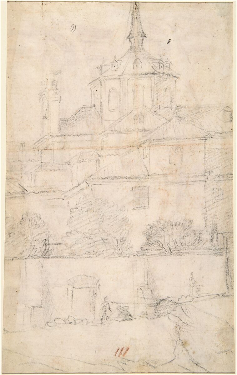 The Mocking of Christ (recto); Exterior View of a Church (verso), Anonymous, Italian, Roman-Bolognese, 17th century, Red chalk, on cream laid paper (recto); black chalk, 3 short strokes in red chalk near bottom edge (verso); framing lines in pen and brown ink
