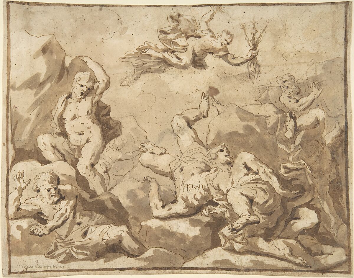 Fall of the Giants, Anonymous, Italian, Roman-Bolognese, 17th century, Pen and brown ink, brush and brown wash, over traces of black chalk on cream laid paper. Framing outline in brown ink along all edges 
