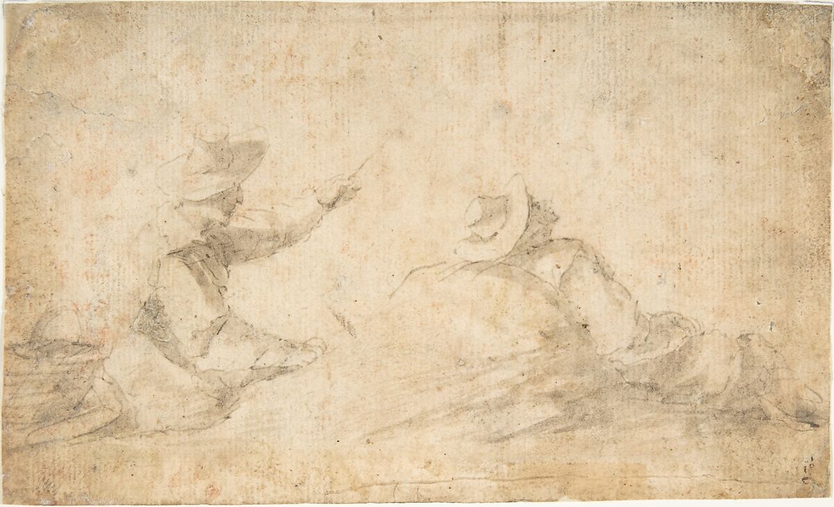 Man Fishing and Man Reclining Against a Rock, Anonymous, Italian, Neopolitan, 17th century, Pen and brown ink, brush and brown wash on cream paper 