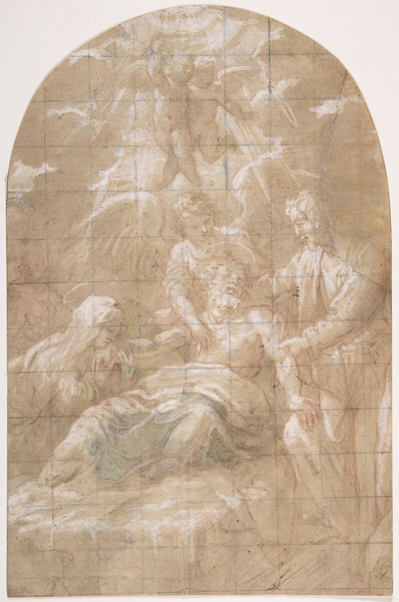 Death of Saint Joseph, Anonymous, Italian, Emilian (Parmese), 17th century, Red chalk, pen and brown ink, highlighted with white and blue-green gouache on light brown paper; squared in black chalk 