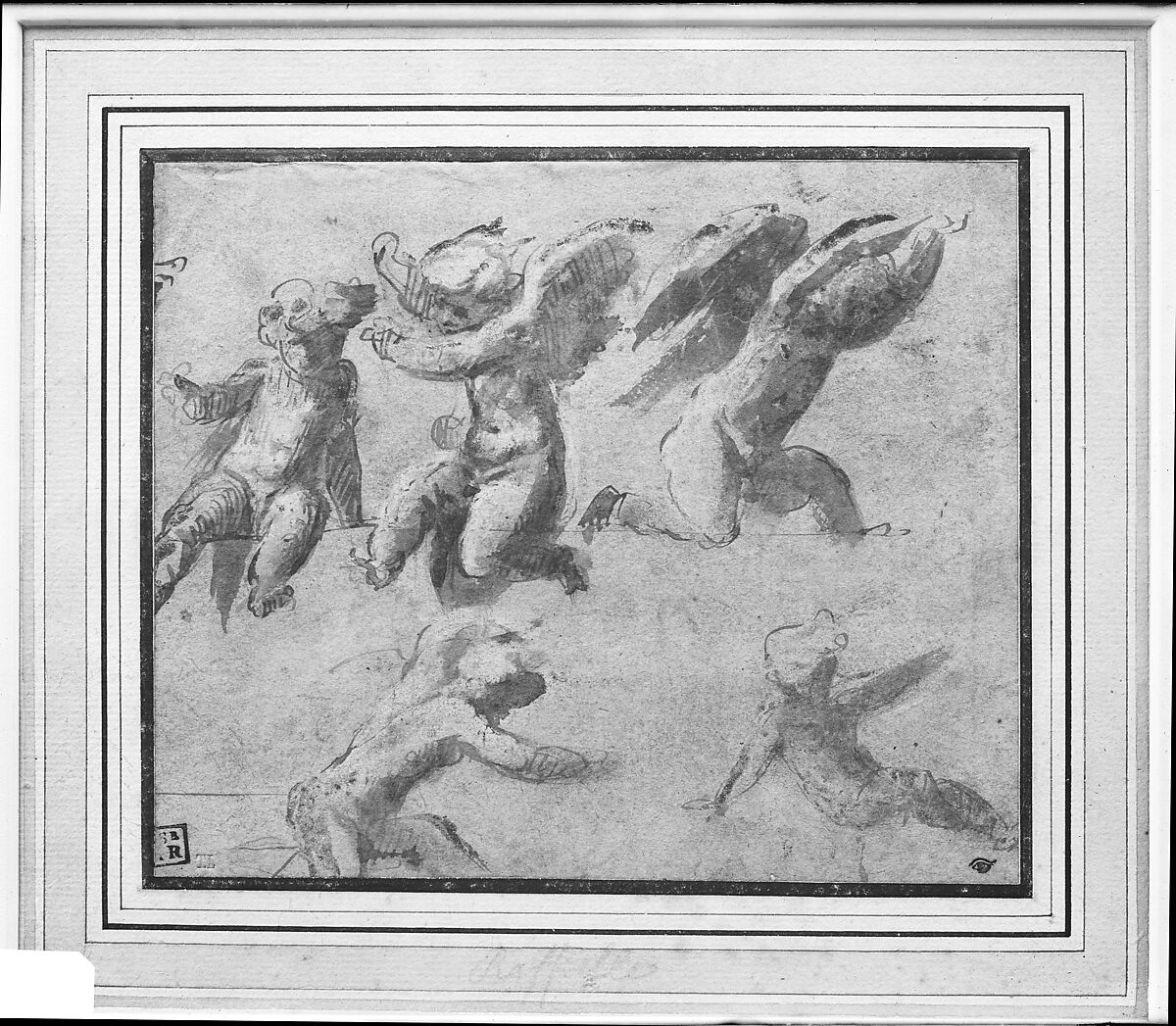 Cherubs, School of Raphael (Raffaello Sanzio or Santi) (Italian, Urbino 1483–1520 Rome), Pen and brown ink, brush and brown wash, highlighted with white