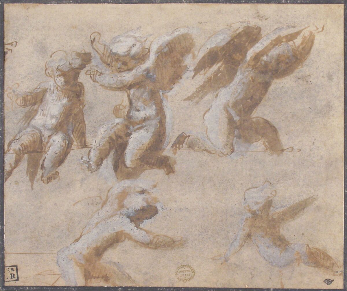 Cherubs, School of Raphael (Raffaello Sanzio or Santi) (Italian, Urbino 1483–1520 Rome), Pen and brown ink, brush and brown wash, highlighted with white