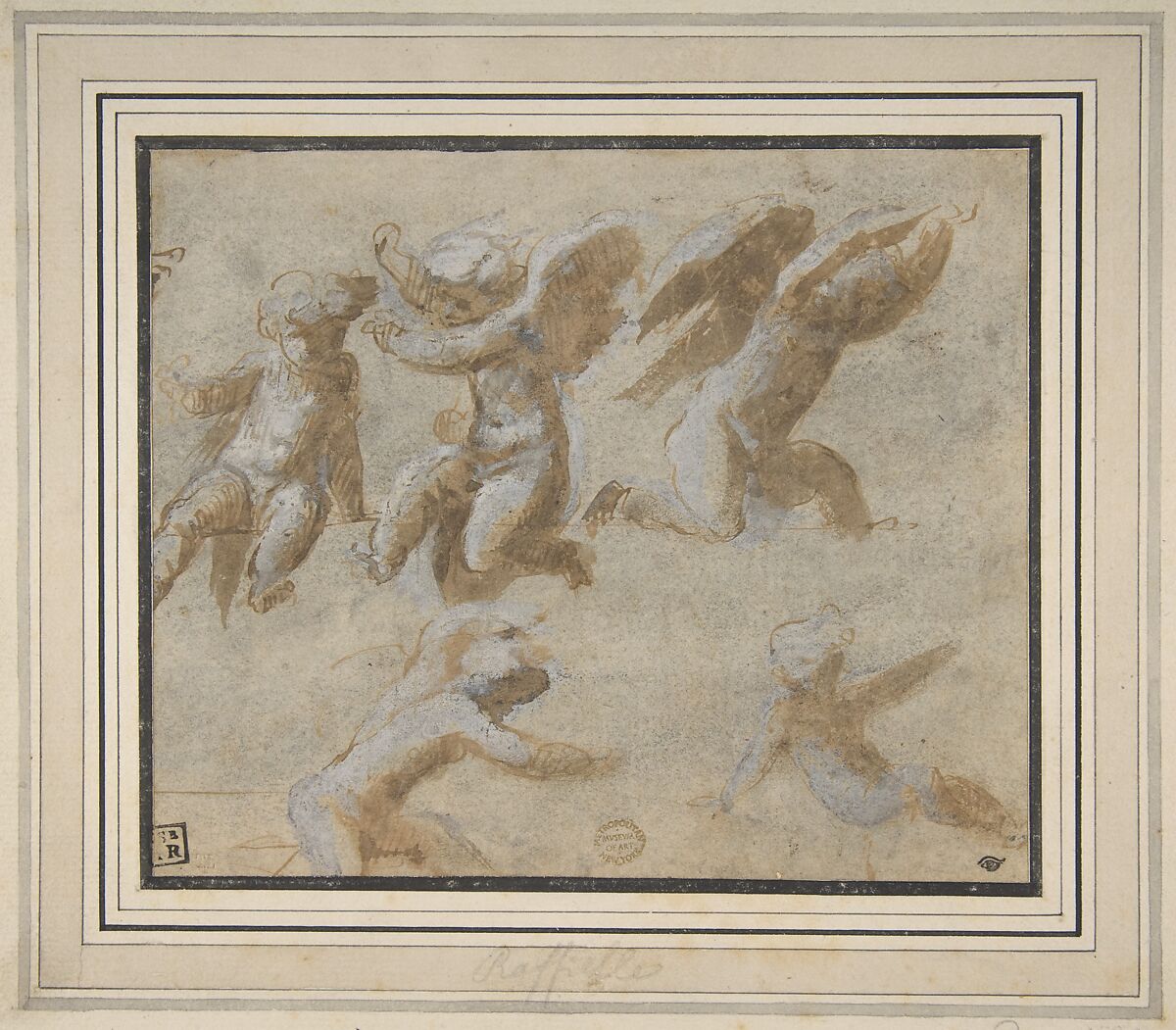 Cherubs, School of Raphael (Raffaello Sanzio or Santi) (Italian, Urbino 1483–1520 Rome), Pen and brown ink, brush and brown wash, highlighted with white 