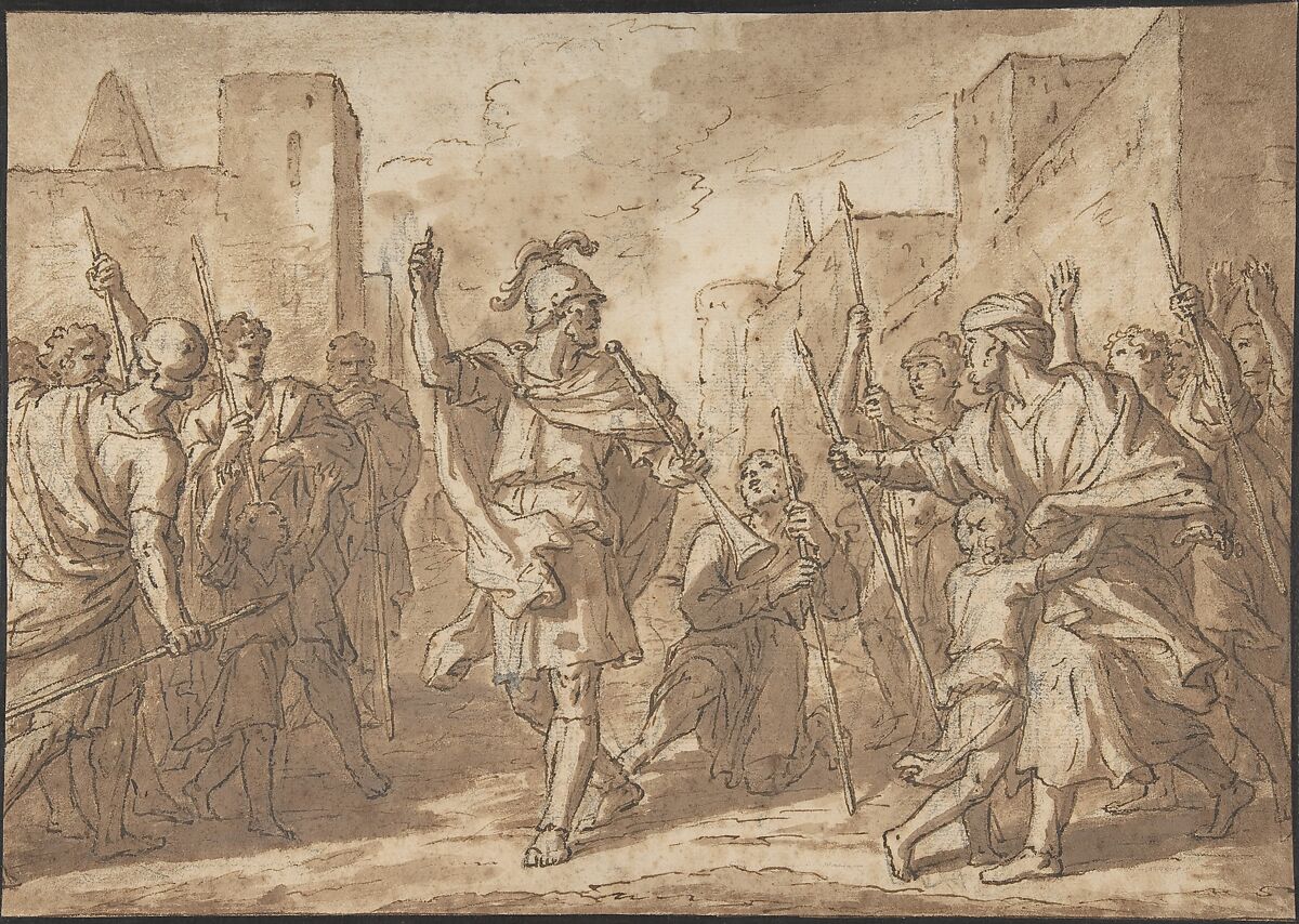 Gideon Gathering His Army, Scene from  the Book of Judges, Etienne Parrocel (French, Avignon 1696–1776 Rouen), Pen and brown ink, brush and brown wash, over charcoal(?) on light tan laid paper 