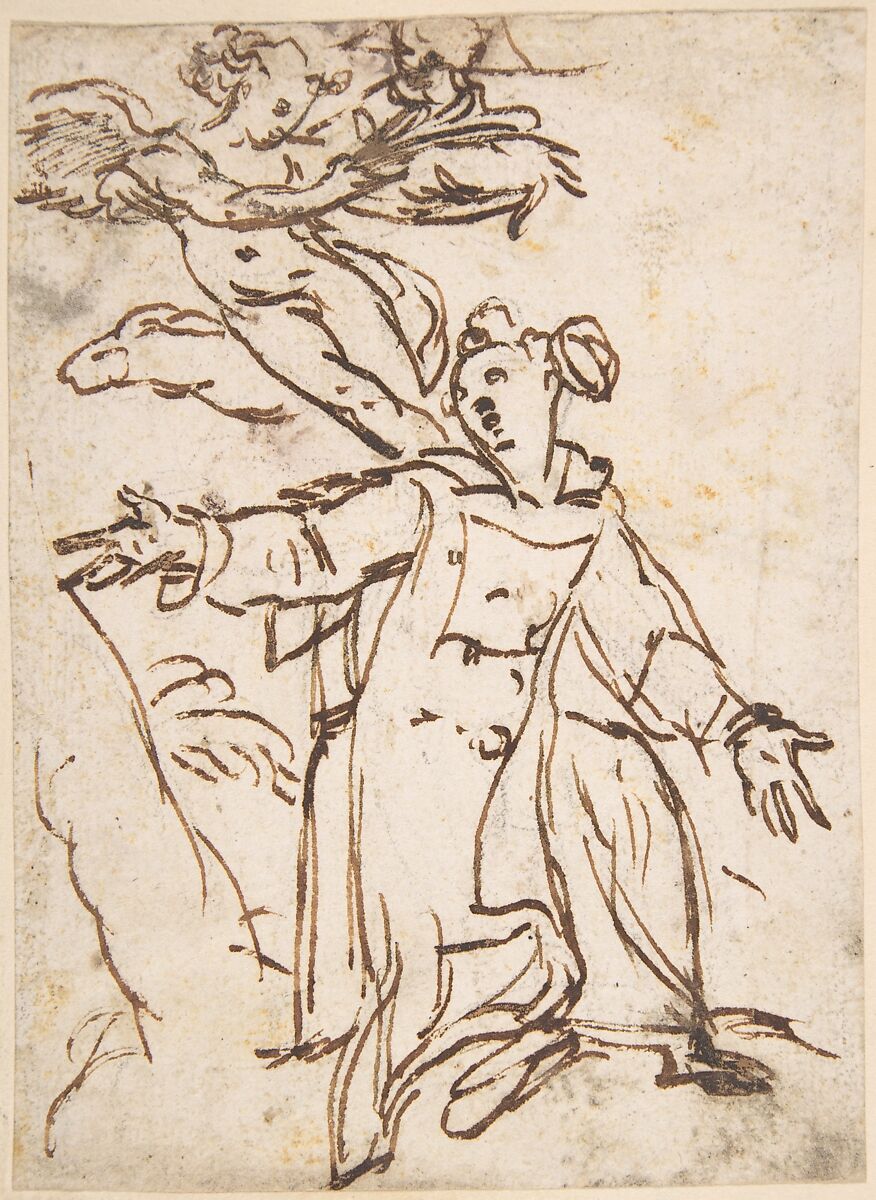 Saint Stephen Being Crowned by an Angel, Anonymous, Italian, Roman-Bolognese, 17th century, Pen and brown ink, over traces of black chalk on cream paper 