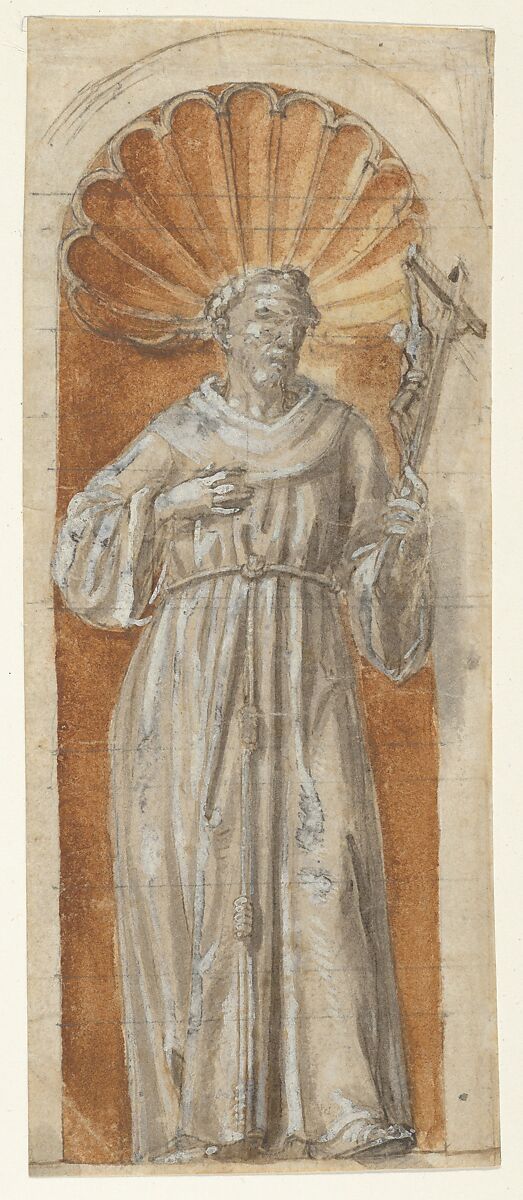 Standing Franciscan Saint in a Niche, Anonymous, Italian, Roman-Bolognese, 17th century, Pen and brown ink, brush and brown and gray washes, highlighted with white gouache, over traces of black chalk. Horizontal ruled lines in black chalk at regular intervals 