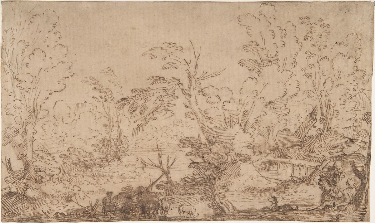 Landscape With Shepherds, Anonymous, Italian, Bolognese, 17th century, Pen and brown ink on light brown laid paper. Faint ruled line along upper edge in black chalk and brown ink 