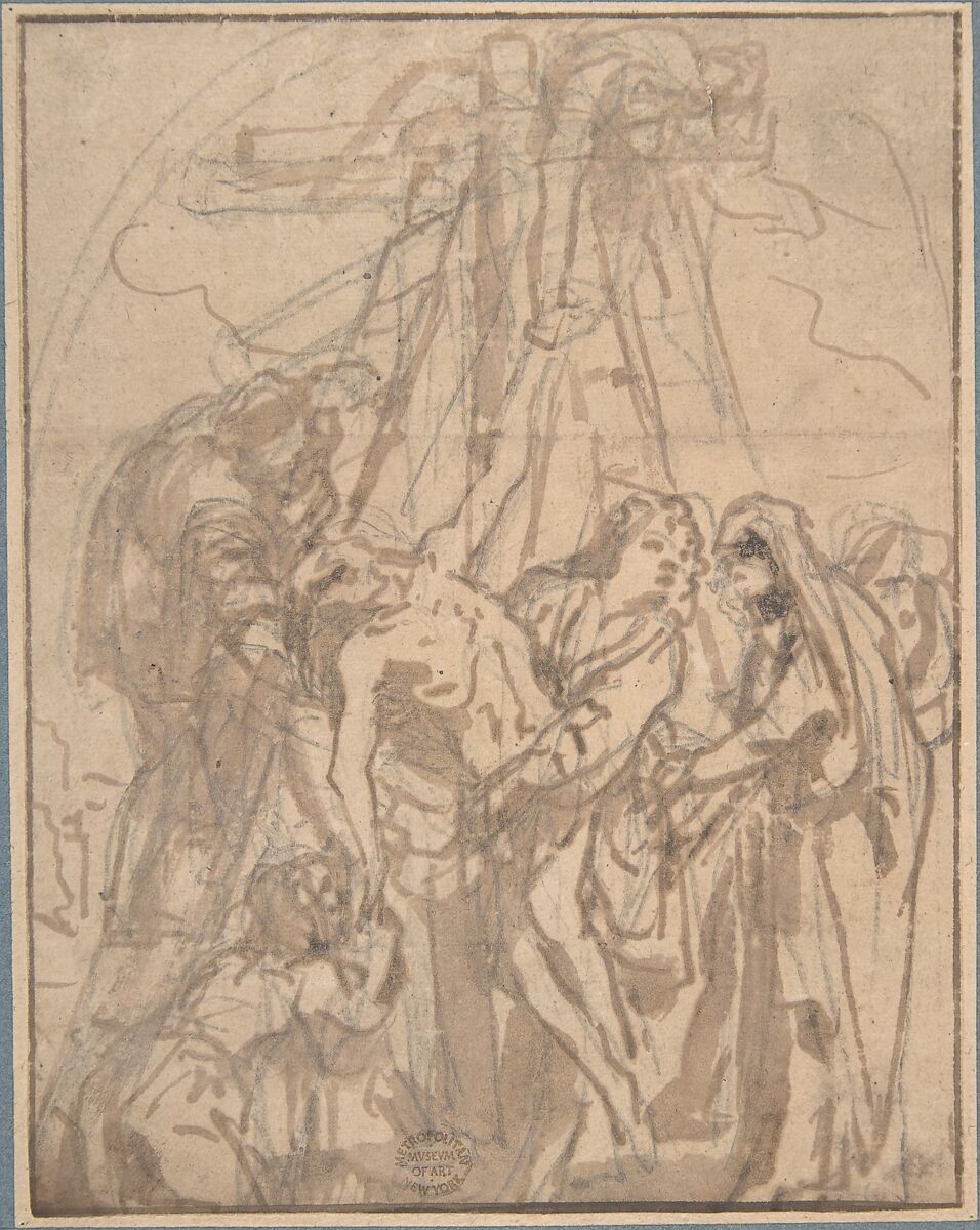 Descent from the Cross, Anonymous, Italian, Roman-Bolognese, 17th century, Pen and brown ink, brush and brown wash over black chalk on light brown paper. Ruled framing outlines in brown ink 