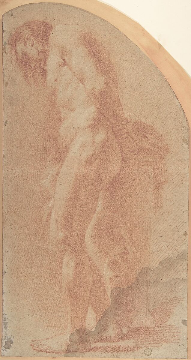 Study of a Male Nude, Giovanni Larciani ("Master of the Kress Landscapes") (Italian, 1484–1527), Red chalk highlighted with white chalk on beige paper 