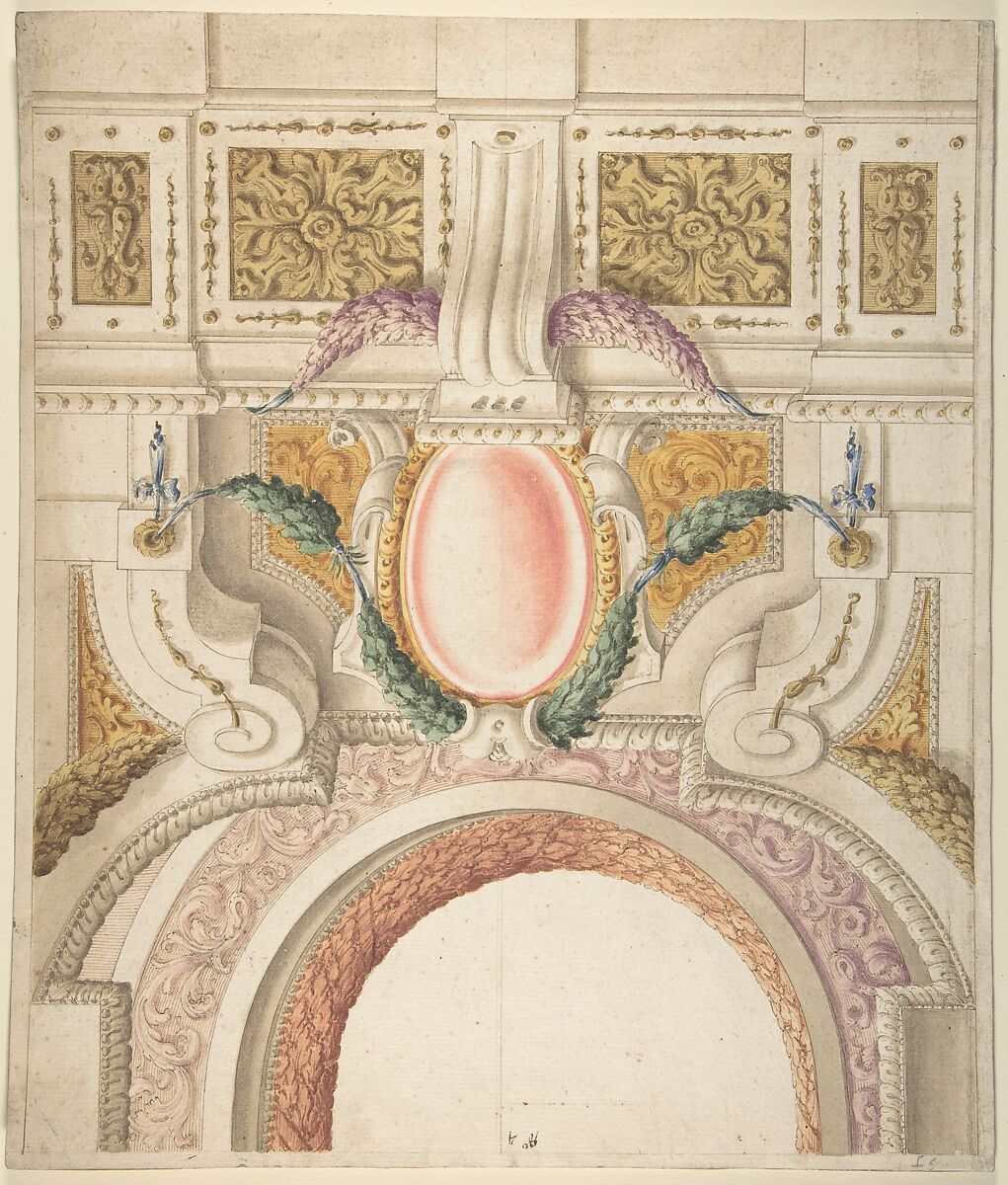 Design for a Part of a Ceiling and a Pediment, Giovanni Larciani ("Master of the Kress Landscapes") (Italian, 1484–1527), Pen and brown ink, brush with green-brown, yellow, mauve, blue, green, red gray, and red-brown wash, over traces of black chalk on cream laid paper 