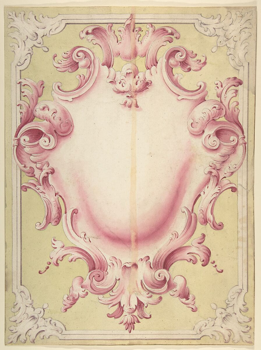 Design for a Cartouche, Giovanni Larciani ("Master of the Kress Landscapes") (Italian, 1484–1527), Brush and pink, yellow, and mauve wash, over graphite, on cream laid paper 