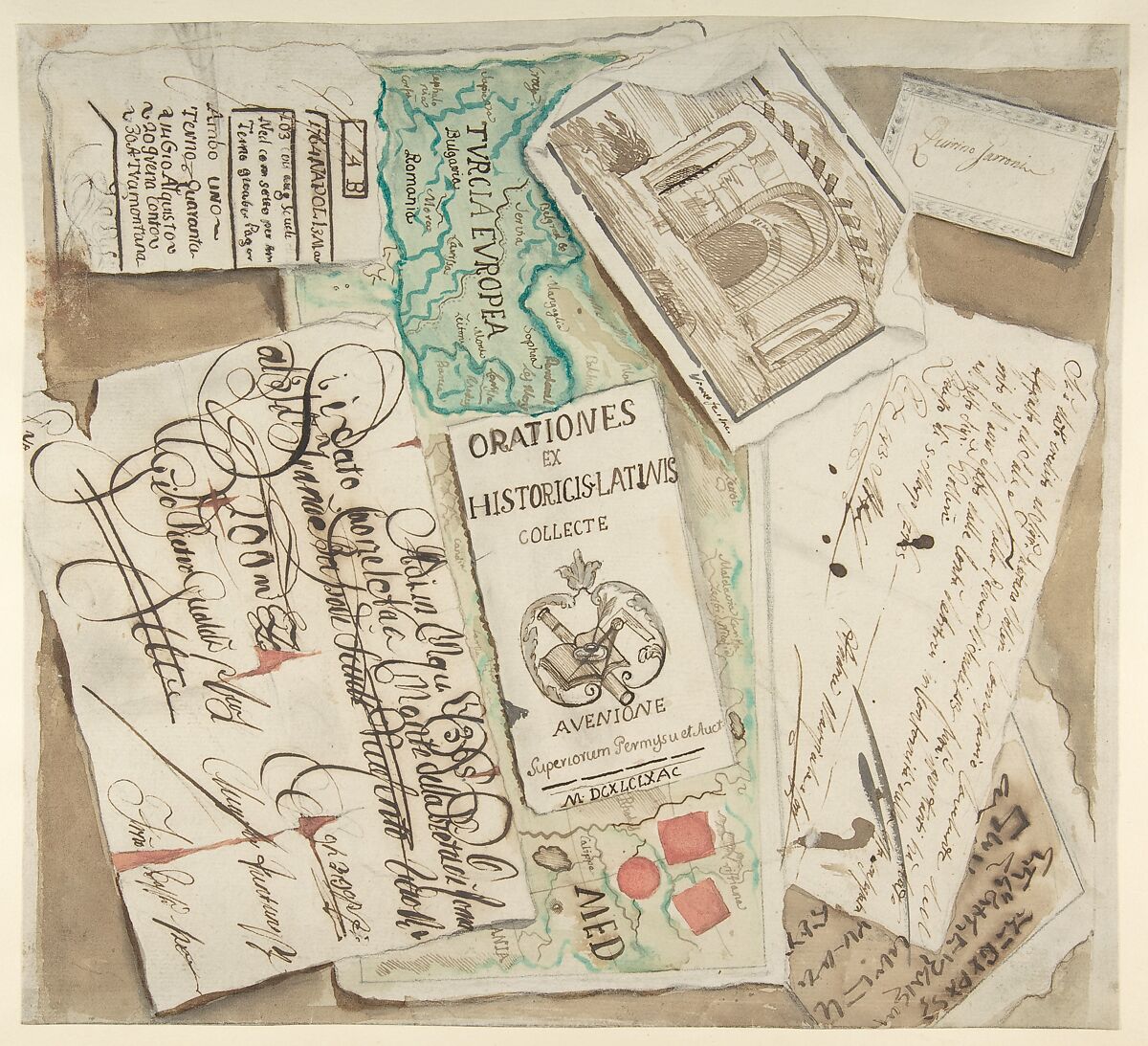 Trompe l'Oeil Design Including Bills, Calling Cards, an Etching, a Map etc., Giovanni Larciani ("Master of the Kress Landscapes") (Italian, 1484–1527), Pen and brown ink, brush with brown, red, green, and gray wash, over black chalk on cream laid paper 