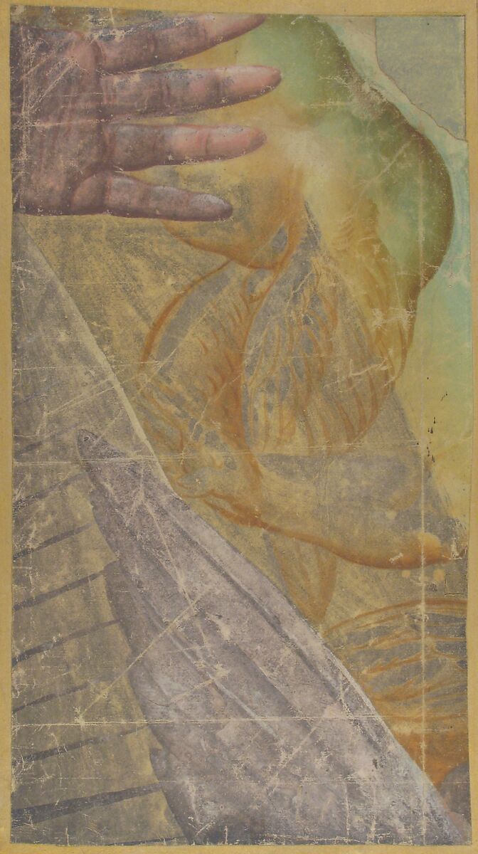 Fragment of a Tapestry Cartoon: Outstretched Hand, Body of a Seraph, and a Wing, School of Raphael (Raffaello Sanzio or Santi) (Italian, Urbino 1483–1520 Rome), Brush, yellow, pink, green, gray and white gouache, over black chalk