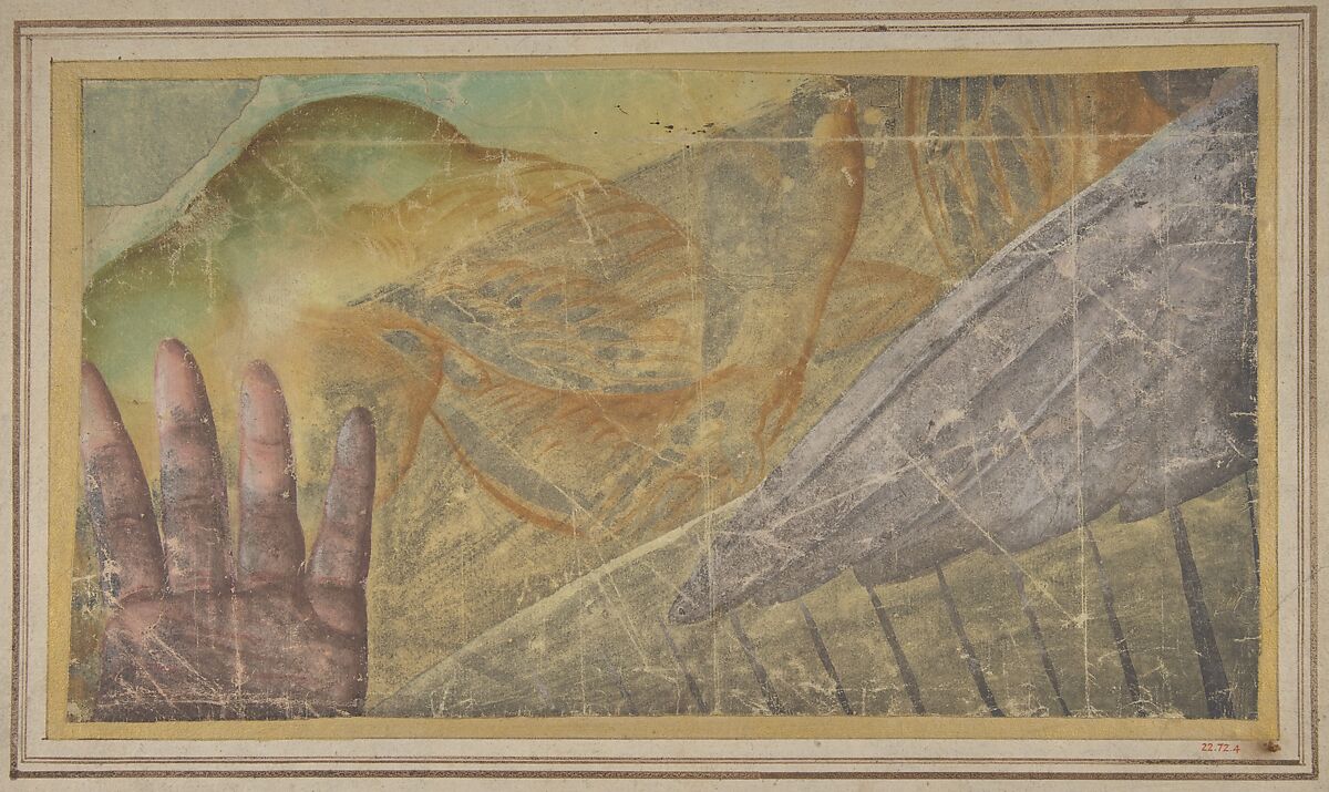 Fragment of a Tapestry Cartoon: Outstretched Hand, Body of a Seraph, and a Wing, School of Raphael (Raffaello Sanzio or Santi) (Italian, Urbino 1483–1520 Rome), Brush, yellow, pink, green, gray and white gouache, over black chalk 