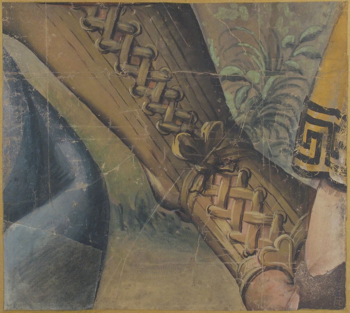 Fragment of a Tapestry Cartoon: Foot in a Buskin, Drapery, and a Plant, School of Raphael (Raffaello Sanzio or Santi) (Italian, Urbino 1483–1520 Rome), Brush, yellow, blue, green, brown, black and white gouache, over some black chalk