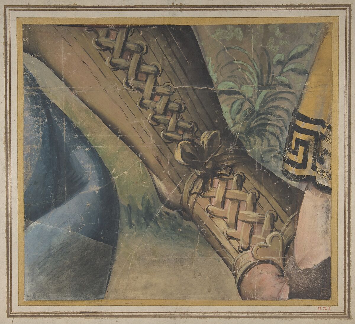 Fragment of a Tapestry Cartoon: Foot in a Buskin, Drapery, and a Plant, School of Raphael (Raffaello Sanzio or Santi) (Italian, Urbino 1483–1520 Rome), Brush, yellow, blue, green, brown, black and white gouache, over some black chalk 