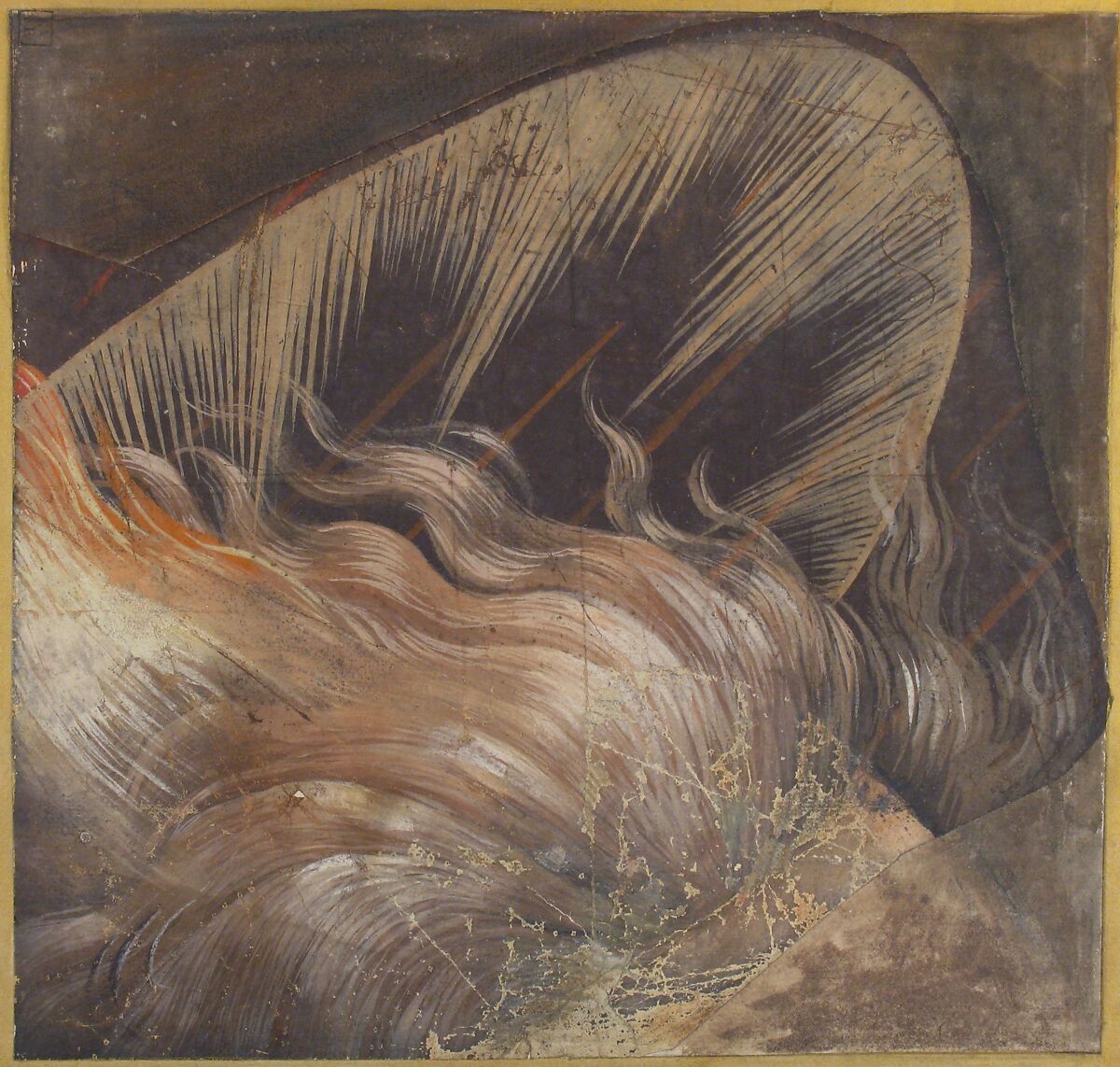 Head of an Apostle Surrounded by a Tongue of Fire and a Nimbus: Fragment of a Cartoon for a Descent of the Holy Spirit, School of Raphael (Raffaello Sanzio or Santi) (Italian, Urbino 1483–1520 Rome), Brush, yellow, orange, brown, cream, and white gouache