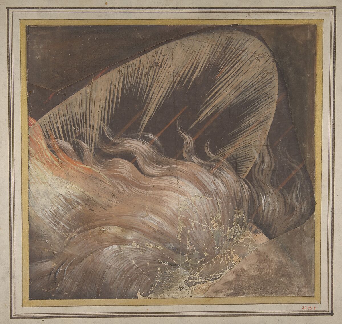 Head of an Apostle Surrounded by a Tongue of Fire and a Nimbus: Fragment of a Cartoon for a Descent of the Holy Spirit, School of Raphael (Raffaello Sanzio or Santi) (Italian, Urbino 1483–1520 Rome), Brush, yellow, orange, brown, cream, and white gouache 