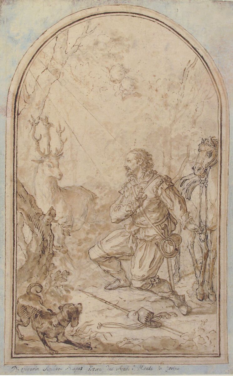 The Vision of St. Hubert, Vittorio Amedeo Rapous (Italian, Turin (?) 1728–before 1800 Turin (?)), Pen and brown ink, brush and brown wash, over black chalk; the paper washed blue outside framing lines