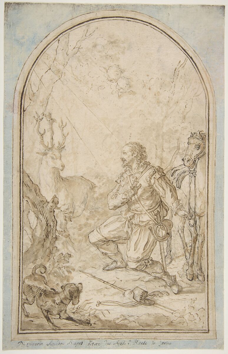 The Vision of St. Hubert, Vittorio Amedeo Rapous (Italian, Turin (?) 1728–before 1800 Turin (?)), Pen and brown ink, brush and brown wash, over black chalk; the paper washed blue outside framing lines 