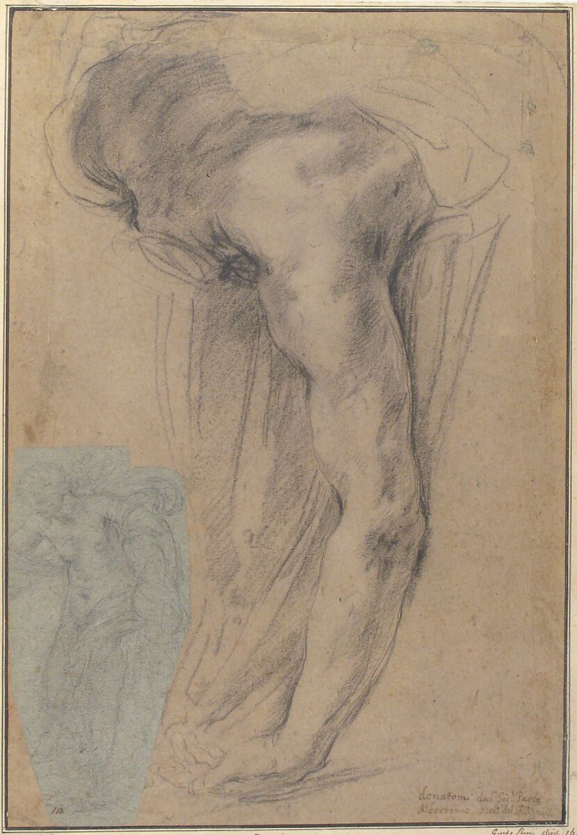 The Reclining Headless Body of Holofernes; Study of Female Semi-Nude Figure (on a small separate, unrelated sheet of blue paper, pasted onto the lower left of the large sheet), Guido Reni (Italian, Bologna 1575–1642 Bologna) (the study of Holofernes only), Black chalk on brownish paper that may have been originally blue (Holofernes); black chalk on blue paper (female figure)