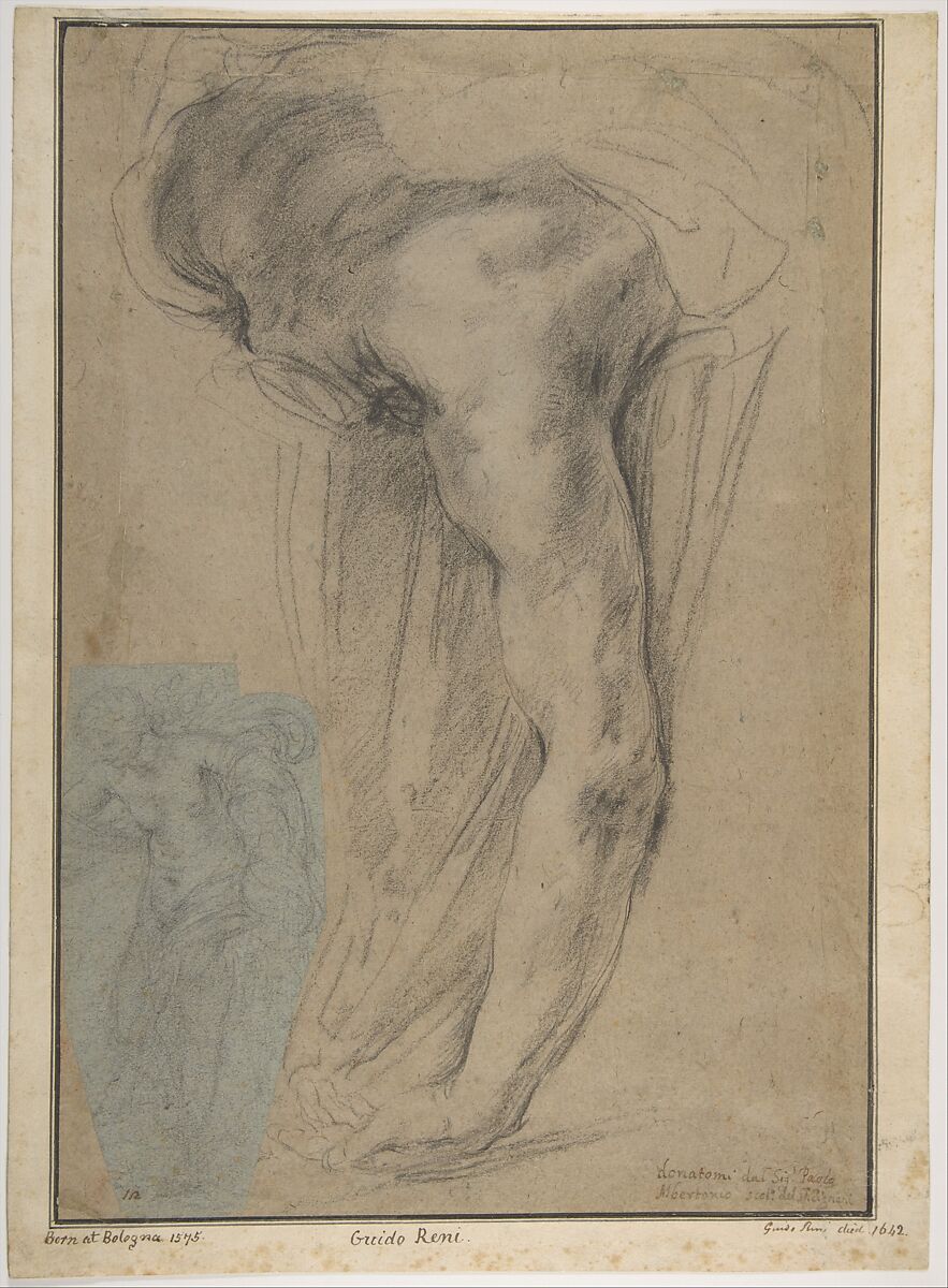 The Reclining Headless Body of Holofernes; Study of Female Semi-Nude Figure (on a small separate, unrelated sheet of blue paper, pasted onto the lower left of the large sheet), Guido Reni (the study of Holofernes only) Italian, Black chalk on brownish paper that may have been originally blue (Holofernes); black chalk on blue paper (female figure)