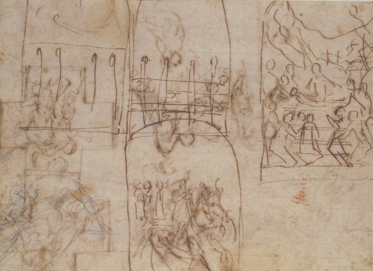 Studies of Flying Putti (recto); Composition Studies (verso), Guido Reni (Italian, Bologna 1575–1642 Bologna), Pen and brown ink (recto); pen and brown ink; female figure at lower left in black chalk (verso)