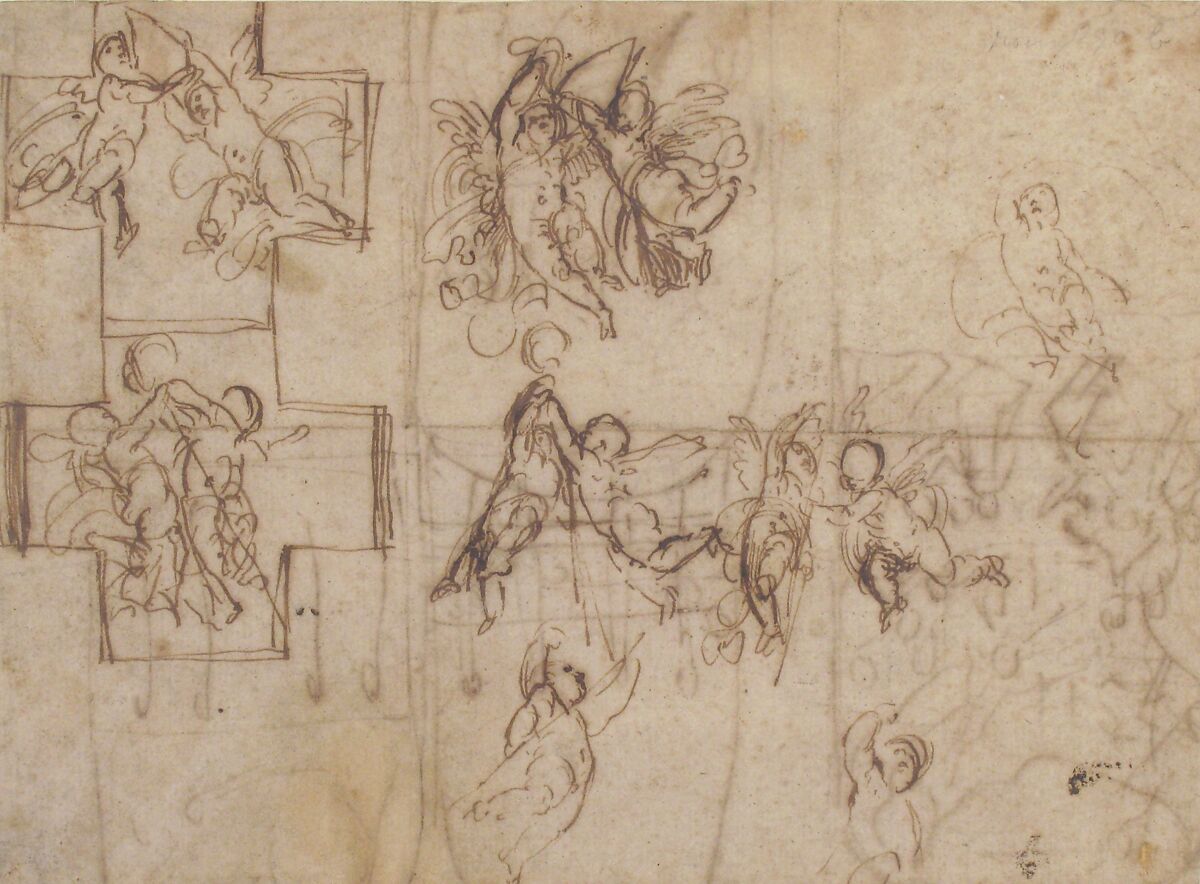 Studies of Flying Putti (recto); Composition Studies (verso), Guido Reni (Italian, Bologna 1575–1642 Bologna), Pen and brown ink (recto); pen and brown ink; female figure at lower left in black chalk (verso)